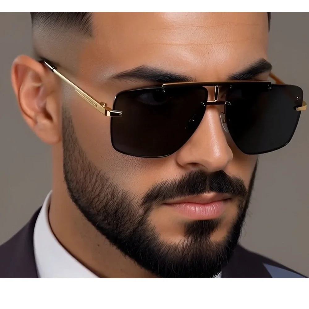 Mens Oversized Rimless Gold‎ Frame Sunglasses Dark Tint Square Lens Lentes Gafas